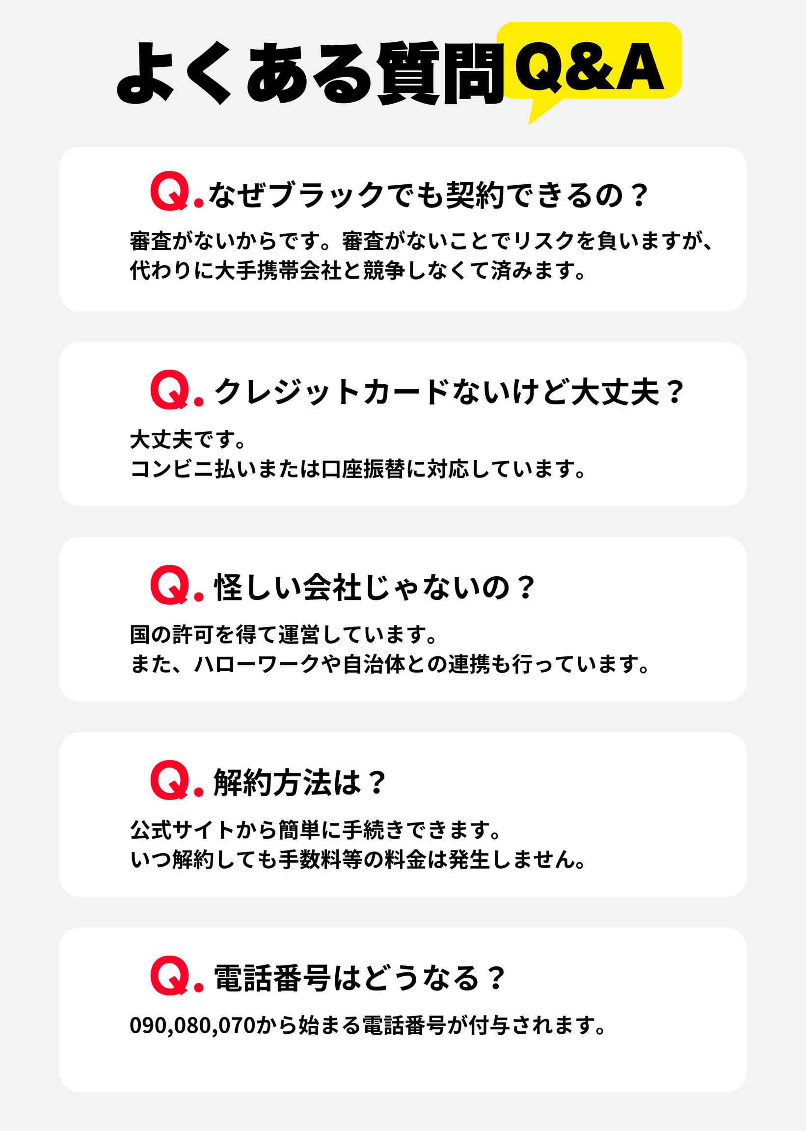 よくある質問Q&A：ブラックでも契約できる理由やクレカ不要などを解説する一覧